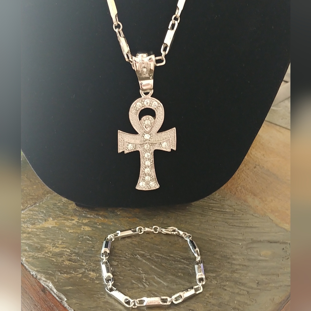Elegant Silver Cz Ankh Pendant Necklace and Bracelet Set